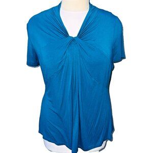 Leebe Tunic Top Blouse Womens 2X Caribbean Blue Cascade Knot V-Neck Short Sleeve